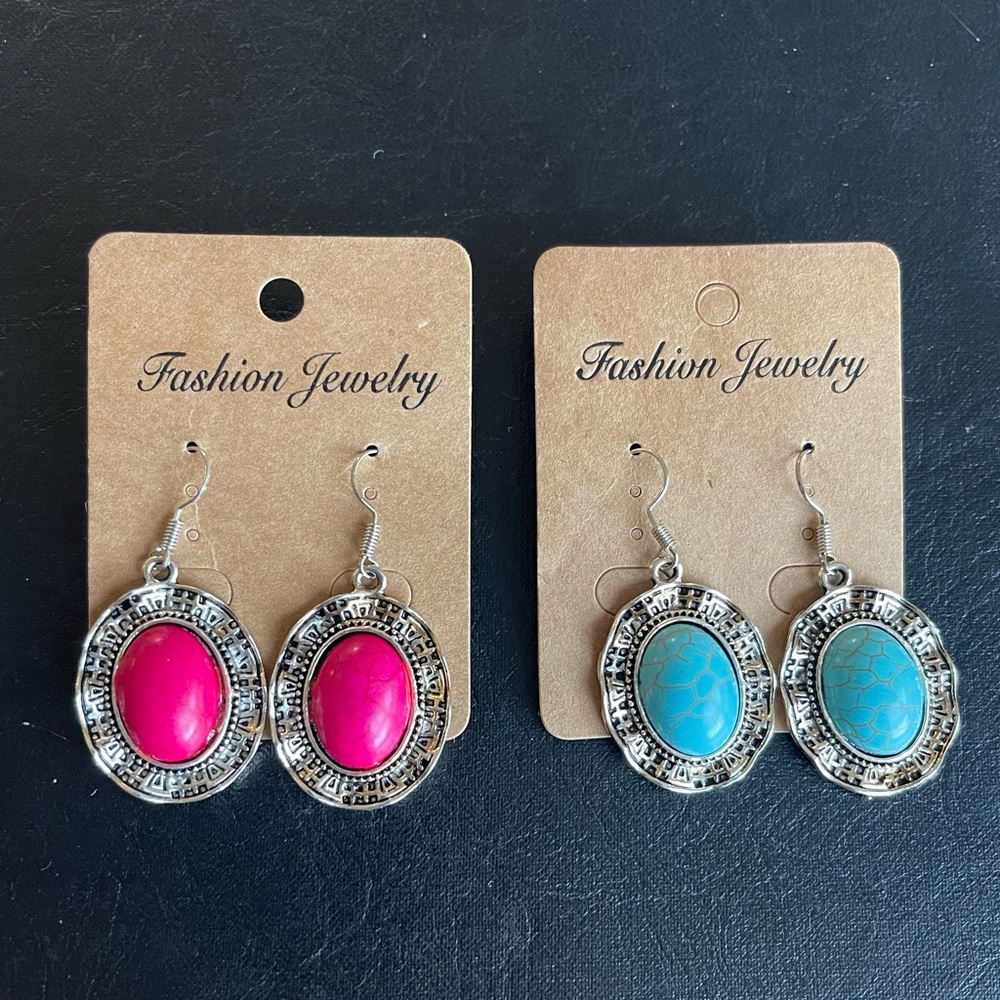 Fashion Jewelry Silver Earrings Set - Pink and Blue